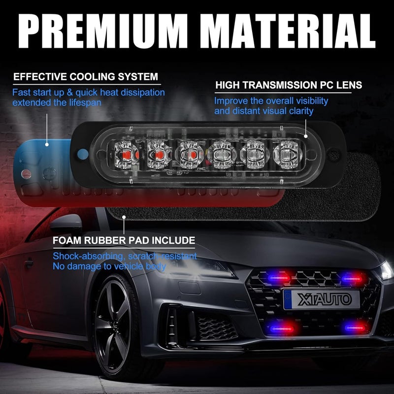 XTAUTO 10pcs LED Emergency Strobe Light, 6-LED Ultra Slim Surface Mount Flashing Warning Beacon Hazard Construction Caution Grille Light Bar for Truck Car Off Road Vehicles SUV ATV (Red Blue) - Image 3